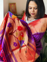 Purple Handwoven Triple Zari Border Paithani Dupatta in Pure Silk