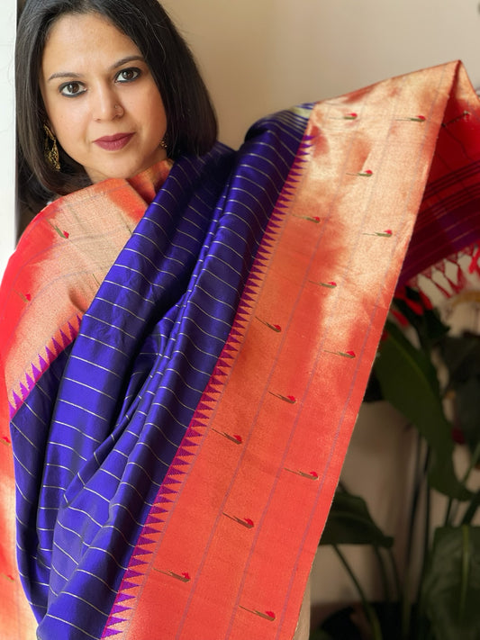Blue Handwoven Triple Zari Border Paithani Dupatta in Pure Silk