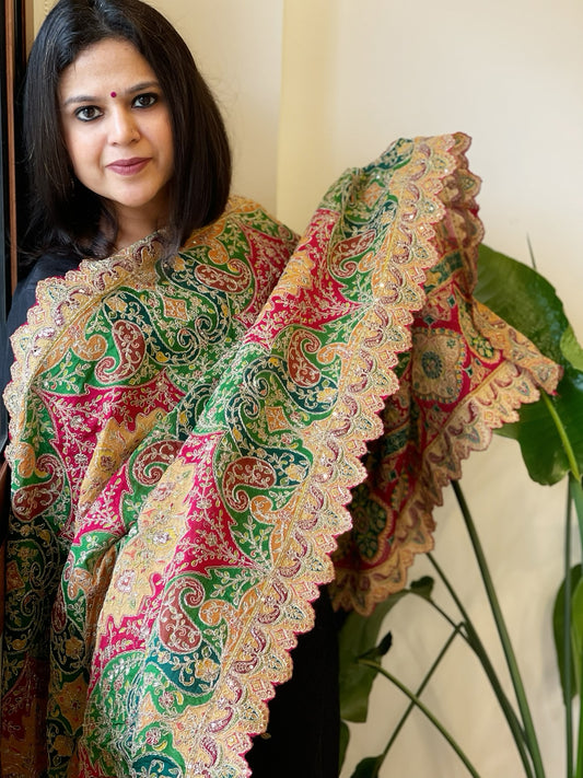 Multicolor Chinon Dupatta with Gold Thread & Aari Embroidery