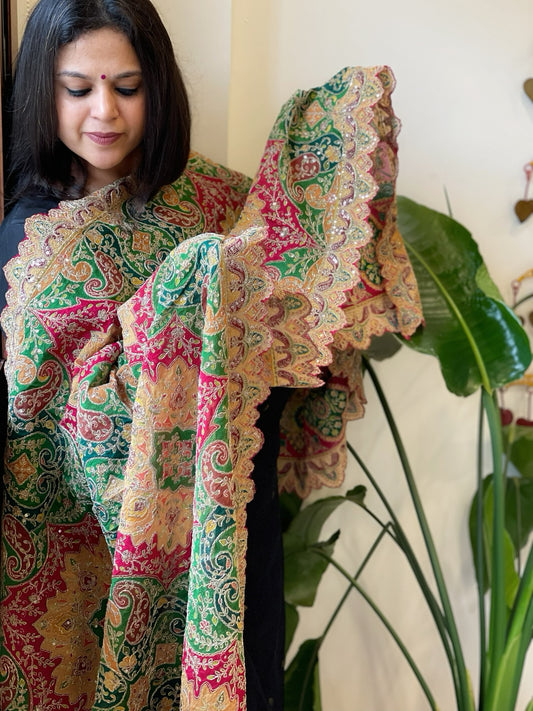 Multicolor Chinon Dupatta with Gold Thread & Aari Embroidery