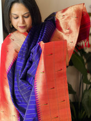 Blue Handwoven Triple Zari Border Paithani Dupatta in Pure Silk