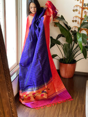Blue Handwoven Triple Zari Border Paithani Dupatta in Pure Silk