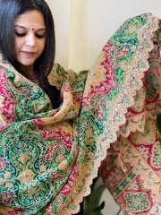 Multicolor Chinon Dupatta with Gold Thread & Aari Embroidery