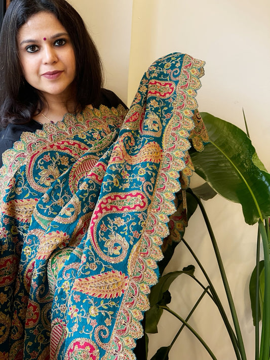 Blue Chinon Dupatta with Gold Thread & Aari Embroidery