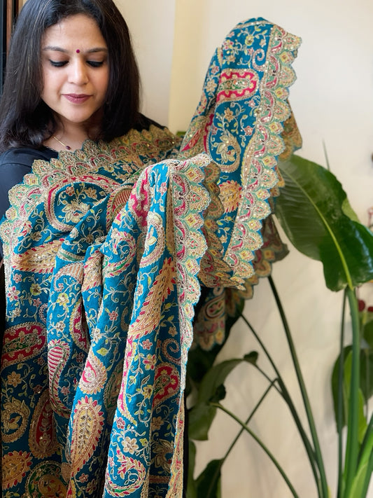 Blue Chinon Dupatta with Gold Thread & Aari Embroidery