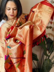 Red Handwoven Zari Jaal Paithani Dupatta in Pure Silk
