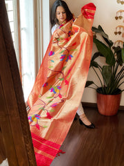 Red Handwoven Zari Jaal Paithani Dupatta in Pure Silk