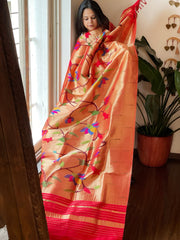 Red Handwoven Zari Jaal Paithani Dupatta in Pure Silk