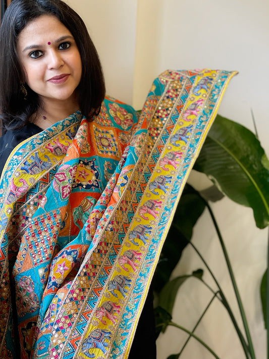 Multicolor Chinon Dupatta with Gold Thread & Aari Embroidery