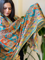 Multicolor Chinon Dupatta with Gold Thread & Aari Embroidery