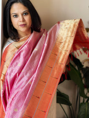 Pink Handwoven Double Zari Border Paithani Dupatta with Zari Check Jaal in Pure Silk