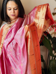 Pink Handwoven Double Zari Border Paithani Dupatta with Zari Check Jaal in Pure Silk