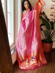 Pink Handwoven Double Zari Border Paithani Dupatta with Zari Check Jaal in Pure Silk