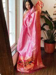 Pink Handwoven Double Zari Border Paithani Dupatta with Zari Check Jaal in Pure Silk