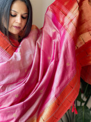 Pink Handwoven Double Zari Border Paithani Dupatta with Zari Check Jaal in Pure Silk