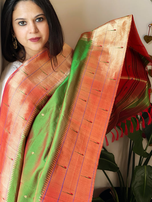 Green Handwoven Triple Zari Border Paithani Dupatta in Pure Silk