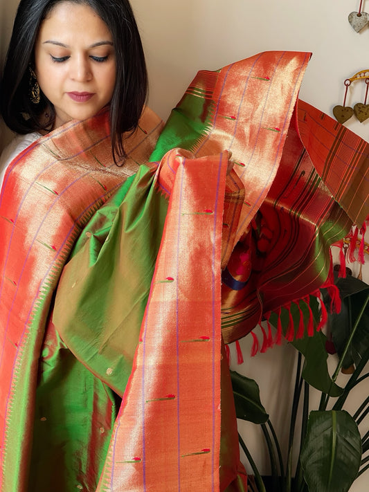 Green Handwoven Triple Zari Border Paithani Dupatta in Pure Silk