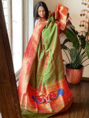 Green Handwoven Triple Zari Border Paithani Dupatta in Pure Silk