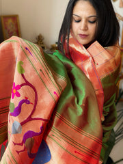 Green Handwoven Triple Zari Border Paithani Dupatta in Pure Silk