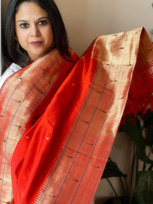 Orange Handwoven Triple Zari Border Paithani Dupatta in Pure Silk