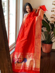 Orange Handwoven Triple Zari Border Paithani Dupatta in Pure Silk