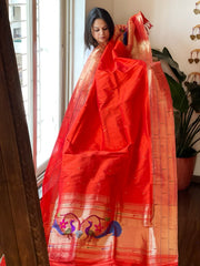 Orange Handwoven Triple Zari Border Paithani Dupatta in Pure Silk