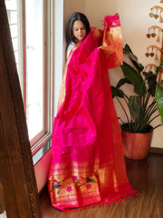 Pink Handwoven Triple Zari Border Paithani Dupatta in Pure Silk