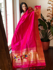 Pink Handwoven Triple Zari Border Paithani Dupatta in Pure Silk