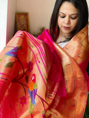 Pink Handwoven Triple Zari Border Paithani Dupatta in Pure Silk