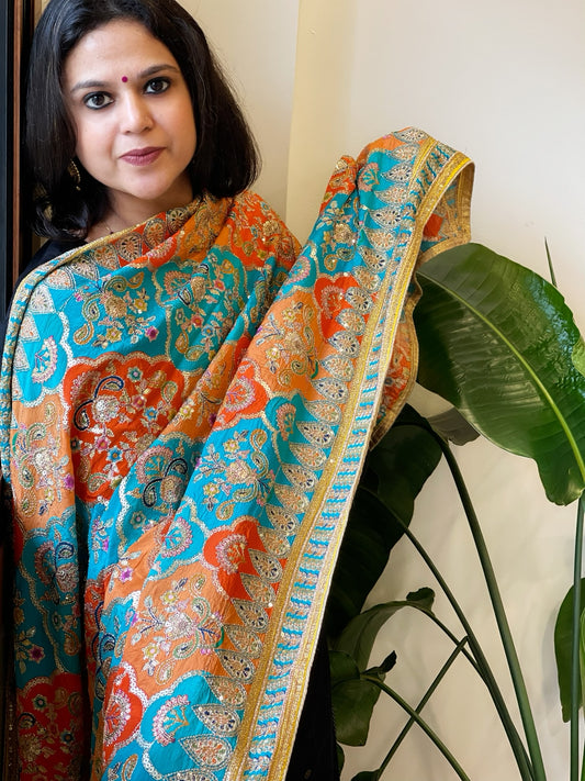 Blue, Orange Chinon Dupatta with Gold Thread & Aari Embroidery