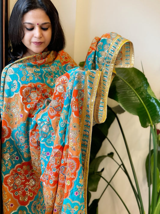 Blue, Orange Chinon Dupatta with Gold Thread & Aari Embroidery