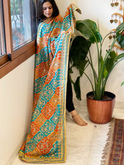 Blue, Orange Chinon Dupatta with Gold Thread & Aari Embroidery