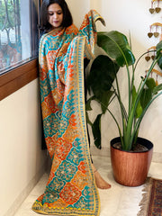Blue, Orange Chinon Dupatta with Gold Thread & Aari Embroidery