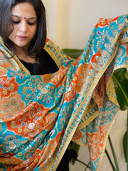 Blue, Orange Chinon Dupatta with Gold Thread & Aari Embroidery