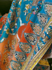 Blue, Orange Chinon Dupatta with Gold Thread & Aari Embroidery