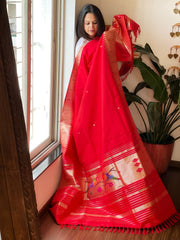Red Handwoven Paithani Dupatta in Pure Silk