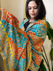 Blue, Orange Chinon Dupatta with Gold Thread & Aari Embroidery