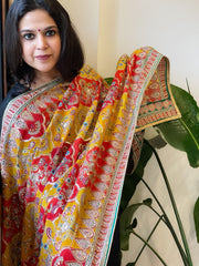 Yellow, Red Chinon Dupatta with Gold Thread & Aari Embroidery