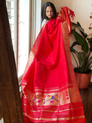 Red Handwoven Paithani Dupatta in Pure Silk