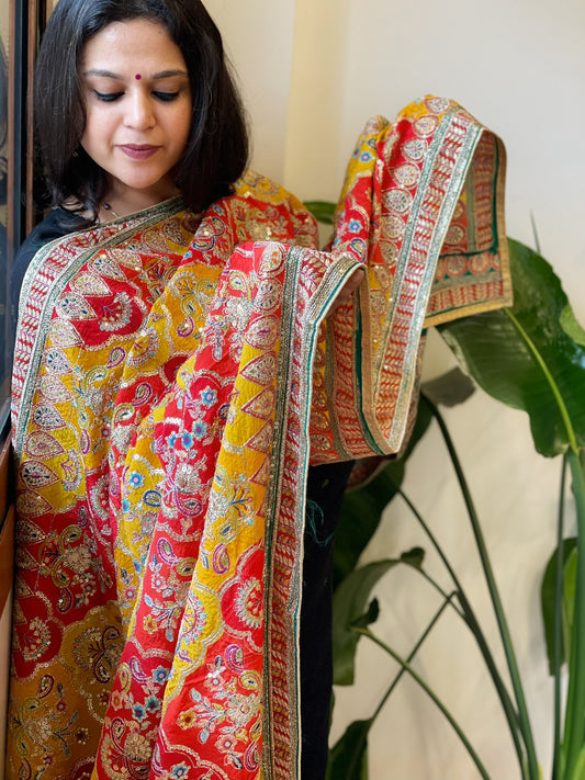 Yellow, Red Chinon Dupatta with Gold Thread & Aari Embroidery