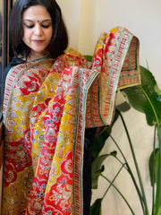 Yellow, Red Chinon Dupatta with Gold Thread & Aari Embroidery