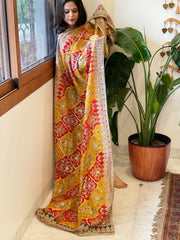 Yellow, Red Chinon Dupatta with Gold Thread & Aari Embroidery