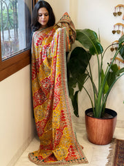 Yellow, Red Chinon Dupatta with Gold Thread & Aari Embroidery