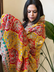 Yellow, Red Chinon Dupatta with Gold Thread & Aari Embroidery