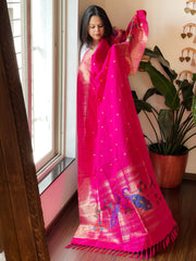 Pink Handwoven Paithani Dupatta in Pure Silk