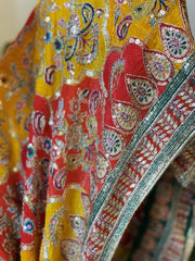 Yellow, Red Chinon Dupatta with Gold Thread & Aari Embroidery