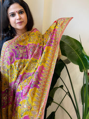 Yellow, Pink Chinon Dupatta with Gold Thread & Aari Embroidery
