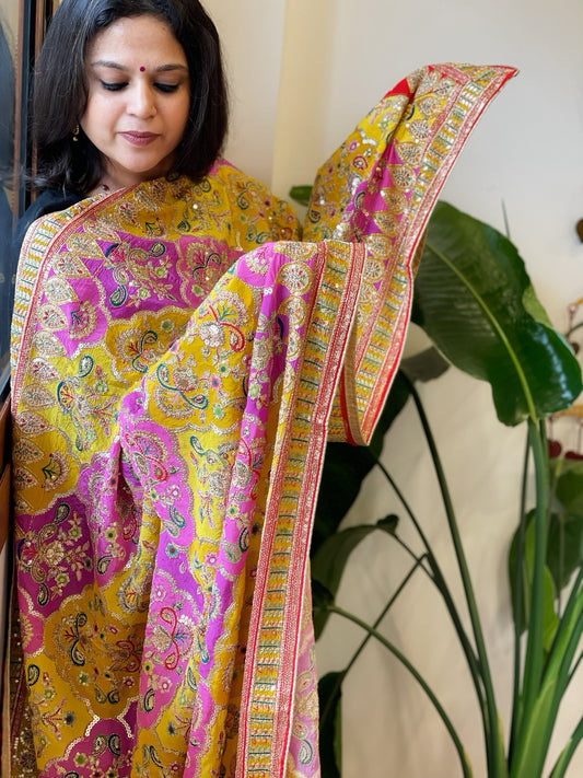 Yellow, Pink Chinon Dupatta with Gold Thread & Aari Embroidery