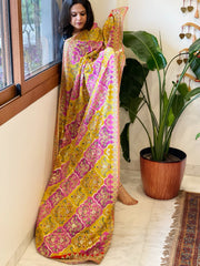 Yellow, Pink Chinon Dupatta with Gold Thread & Aari Embroidery