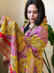 Yellow, Pink Chinon Dupatta with Gold Thread & Aari Embroidery